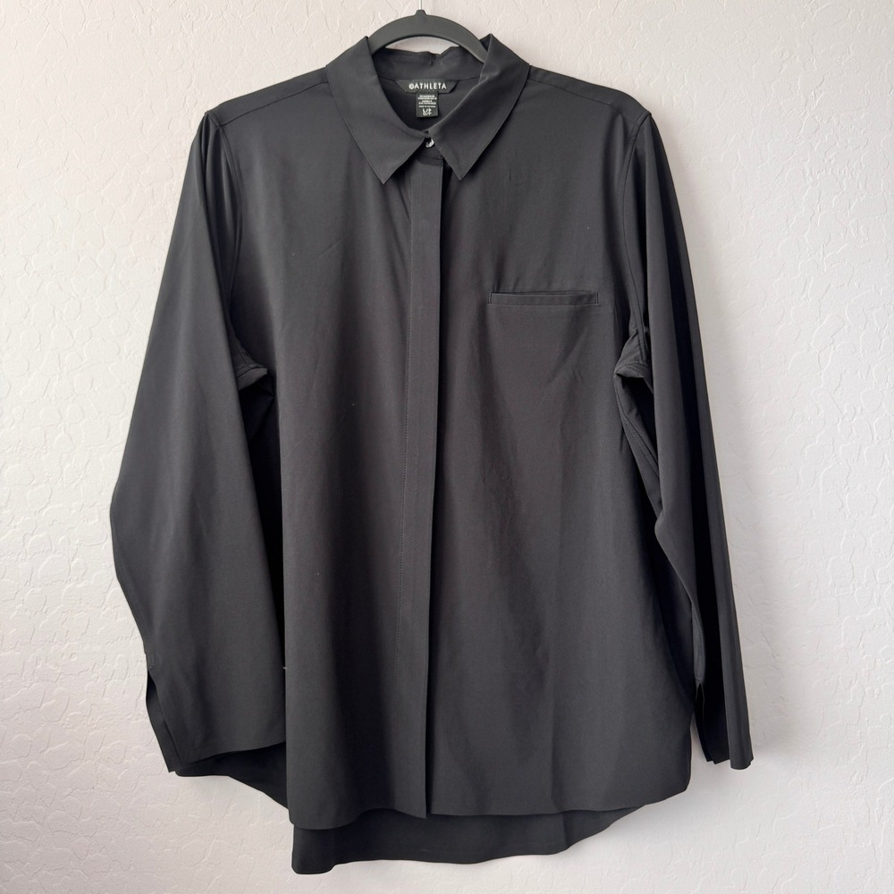 Athleta Large Petite Urbanite Top 2.0 Black Long Sleeve Hidden Button Down Shirt